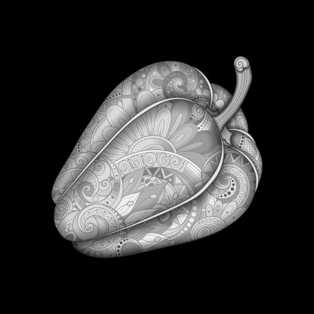Vector Monochrome Decorative Bell Pepper with Beautiful Pattern. Eating Plant. Hand Drawn Ornate Vegetable. Vegan Diet, Vegeterian Foodのイラスト素材