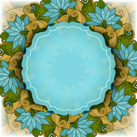 Vector Colored Floral Template with Place for Text. Abstract Flowers with Hand Drawn Ornament. Layout for Greeting Card, Cover Page etc. Clipping Mask Used for Editabilityのイラスト素材