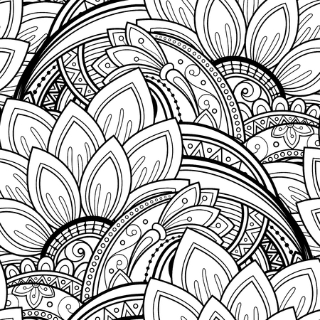 Vector Seamless Monochrome Floral Pattern. Hand Drawn Floral Texture, Decorative Flowers, Coloring Bookのイラスト素材