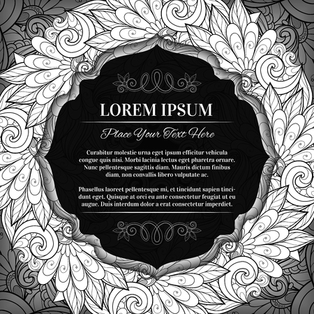 Vector Monochrome Floral Template with Place for Text. Abstract Flowers with Hand Drawn Ornament. Layout for Greeting Card, Cover Page etc. Clipping Mask Used for Editabilityのイラスト素材