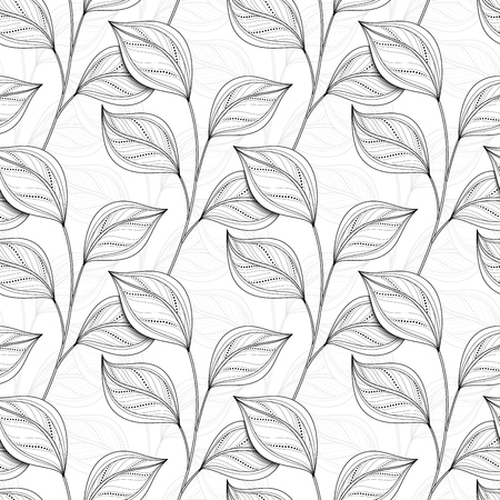 Vector Monochrome Seamless Floral Pattern. Hand Drawn Floral Texture, Decorative Leaves, Coloring Bookのイラスト素材