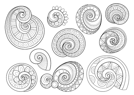 Vector Set of Monochrome Contour Floral Doodles, Ornate Design Elements. Decorative Flowers in Ornamental Styleのイラスト素材