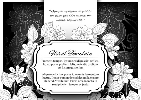 Vector Mohochrome Floral Template with Place for Text. Dark Vintage Layout for Greeting Card, Invitation, Cover Page etc. Beautiful Floral Composition. Editableのイラスト素材