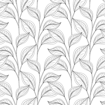 Vector Monochrome Seamless Floral Pattern. Hand Drawn Floral Texture, Decorative Leaves, Coloring Bookのイラスト素材