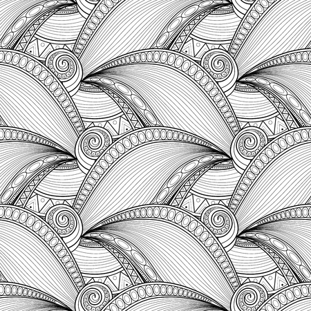 Vector Monochrome Wave Seamless Pattern. Original Ornate Design, Contour Paisley Garden Style. Indian Stylization. Doodle Style Coloring Book Pageのイラスト素材