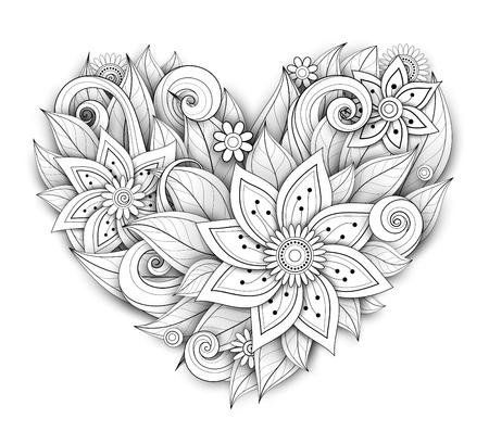 Vector Monochrome Floral Composition in Heart Shape. Hand Drawn Ornament with Flowers, Leaves and Herbs. Beautiful Doodle Background with Realistic Shadows for Valentine Greeting Cardのイラスト素材