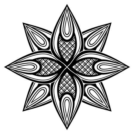 Monochrome Beautiful Decorative Ornate Mandala. Floral Ethnic Arabic Amulet. Art Deco, Asian Style Design Element. Pressured Printing Template. Vector Contour Illustration Ornamental Abstractioのイラスト素材