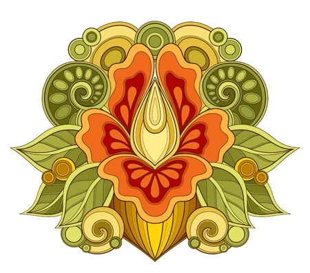 Colored Floral Design Element in Doodle Line Style. Decorative Composition with Flowers, Leaves and Swirls. Elegant Natural Motif. Coloring Book Page. Vector Contour Illustration. Abstract Ornate Artのイラスト素材