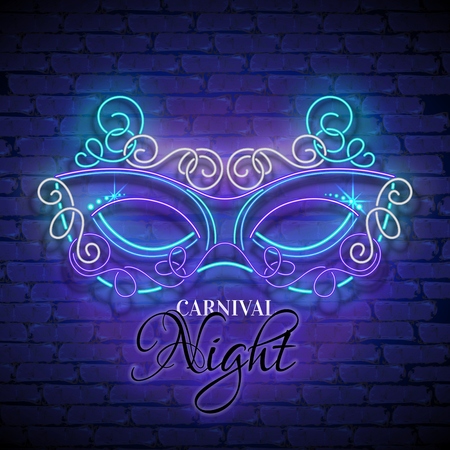 Mardi Gras Masquerade Mask. Shiny Neon Lamps Glow Stylization on Blue Brick Wall. Venetian Carnival, Playbill, Night Club Invitation. Beautiful Holiday Flyer. Vector 3d Illustration. Abstract Artのイラスト素材