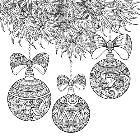 Monochrome Merry Christmas Illustration, Floral Motifs. Balls and Bows Decorations on the Tree. Holiday Background in Doodle Line Style. Coloring Book Page. Vector Contour Art with Realistic Shadowsのイラスト素材