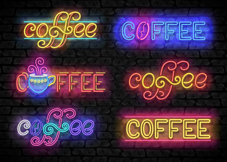 Set of Coffee House Vintage Singboards. Cafe Label, Restaurant. Shiny Neon Light Style Lettering. Advertisement Flyer, Poster, Banner Template. Vector 3d Illustration. Abstract Decorative Artのイラスト素材