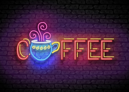 Coffee House Vintage Singboard. Cafe Label, Restaurant. Shiny Neon Light Style Lettering. Advertisement Flyer, Poster, Banner Template. Vector 3d Illustration. Abstract Decorative Artのイラスト素材