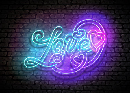 Vintage Glow Signboard with Love Inscription. Valentine's Day Greeting Card Template. Shiny Neon Light Style Lettering. Holiday Flyer, Banner, Label. Vector 3d Illustration. Abstract Decorative Artのイラスト素材