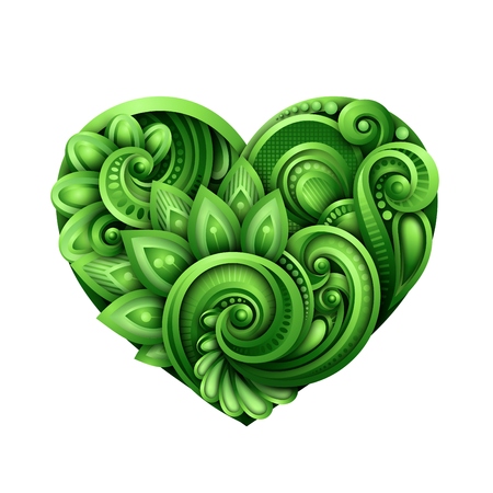 Decorative green heart talisman colored doodle St. Patrick's day design element. Elegant floral natural motif with swirls. Greeting card ornaments vector 3d illustration abstract ornate art.のイラスト素材
