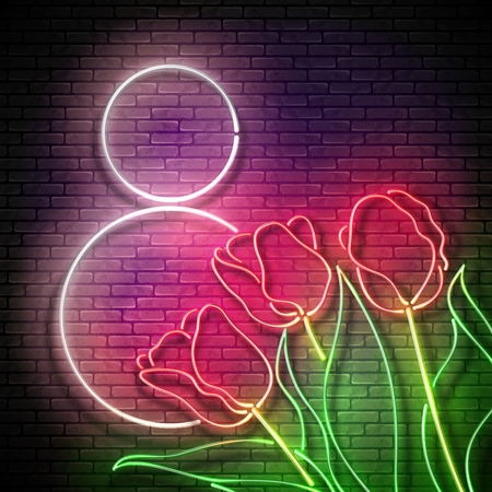 Greeting Card for International Women's Day. Glow Signboard with Bouquet of Tulips. Shiny Neon Light Poster, Flyer, Banner, Postcard, Invitation. Vector 3d Illustration. Used Clipping Maskのイラスト素材