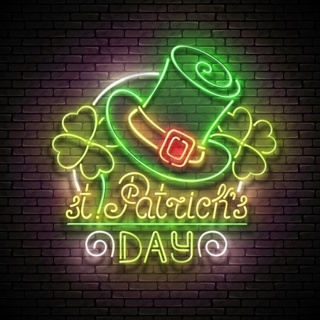 St Patrick's Day Glow Signboard with Leprachaun Hat. Clover Leaf Talisman. Shiny Neon Light Poster, Flyer, Banner, Postcard, Invitation. Seamless Brick Wall. Vector 3d Illustration. Clipping Maskのイラスト素材