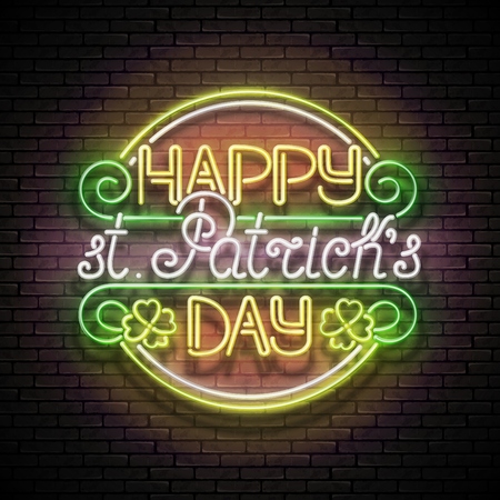 Vintage St Patrick's Day Glow Signboard. Greeting Card Template with Lettering.のイラスト素材