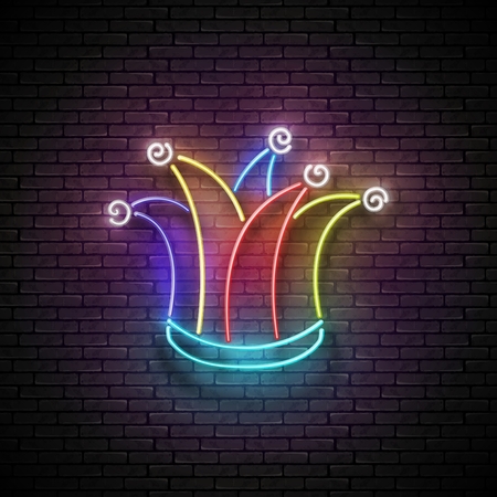 Greeting Card Template for April Fool's Day. Vintage Glow Signboard with Jester Hat, Design Element. Neon Light Poster, Flyer, Banner. Seamless Brick Wall. Vector 3d Illustration. Used Clipping Maskのイラスト素材