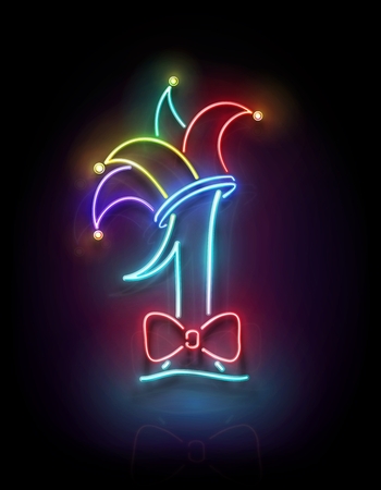 Greeting Card Template for April Fool's Day. Glow Signboard with Number 1, Jester Hat and Bow.のイラスト素材