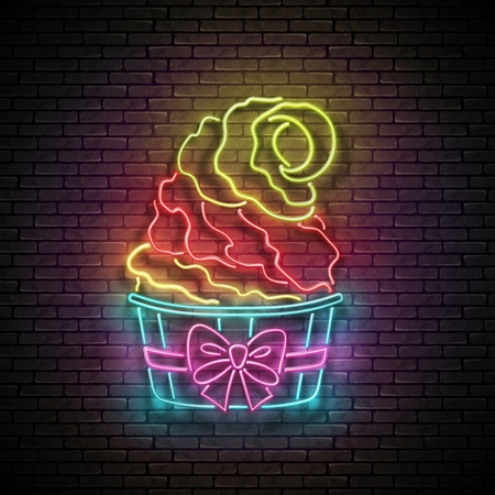 Vintage Glow Signboard with Ice Cream Cone in Paper Cup. Cafe Flyer Template. Shiny Neon Light Poster, Banner, Playbill, Invitation. Seamless Brick Wall. Vector 3d Illustration. Clipping Maskのイラスト素材