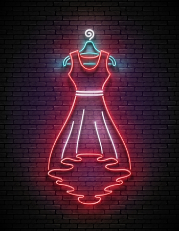 Vintage Glow Signboard with Red Dress, Shopping Concept. Atelier, Showroom, Tailor, Dressmaker, Boutique. Shiny Neon Light Poster, Flyer, Banner, Business Card. Vector 3d Illustration. Clipping Maskのイラスト素材