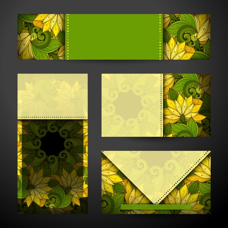 Corporate Identity Set of Floral Templates. Id Cards, Banner, Flyer Design. Beautiful Abstract Flowers, Elegant Feminine Motifs. Vector Illustration. Clipping Mask, Editableのイラスト素材