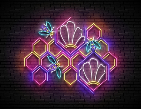 Vintage Glow Signboard with Honeybees in Beehive. Honeycombs with Flower. Neon Light Flyer, Banner, Poster, Business Card. Vertical Seamless Brick Wall. Vector 3d Illustration. Clipping Mask, Editableのイラスト素材
