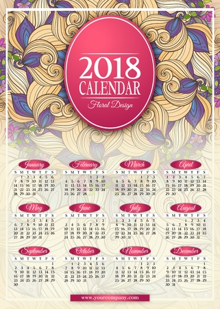 Colored 2018 Year Calendar Rectangular Template. Beautiful Abstract Flowers, Elegant Feminine Design. Corporate Identity, Flyer, Wall Poster. Vector Illustration. Clipping Mask, Editableのイラスト素材
