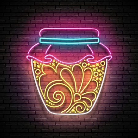 Vintage Glow Signboard with Honey in Jar, Design Element. Magic Potion, Fairytale Poster. Neon Light Flyer, Banner, Business Card. Seamless Brick Wall. Vector 3d Illustration. Clipping Mask, Editableのイラスト素材