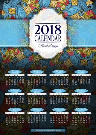 Colored 2018 Year Calendar Rectangular Template. Beautiful Abstract Flowers, Elegant Feminine Design. Corporate Identity, Flyer, Wall Poster. Vector Illustration. Clipping Mask, Editableのイラスト素材