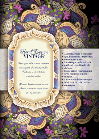 Colored Floral Template with Place for Text.  Dark Vintage Layout, Corporate Greeting Card, Invitation, Cover Page etc. Beautiful Flowers, Leaves and Swirls. Vector Contour Illustration. Editableのイラスト素材