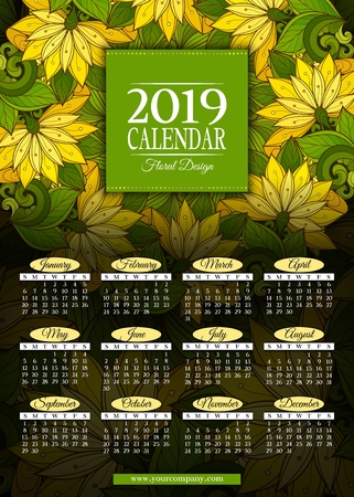 Colored 2019 Year Calendar Rectangular Template. Beautiful Abstract Flowers, Elegant Feminine Design. Corporate Identity, Flyer, Wall Poster. Vector Illustration. Clipping Mask, Editableのイラスト素材