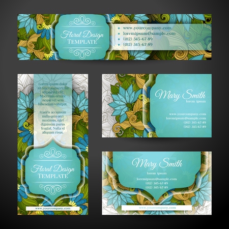 Corporate Identity Set of Floral Templates. Id Cards, Banner, Flyer Design. Beautiful Abstract Flowers, Elegant Feminine Motifs. Vector Illustration. Clipping Mask, Editableのイラスト素材