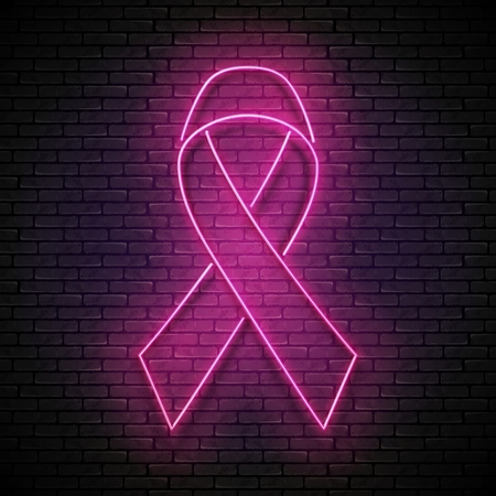 Vintage Glow Signboard with Pink Ribbon. Breast Cancer Awareness Month. Neon Light Poster, Flyer, Banner, Postcard, Invitation. Seamless Brick Wall. Vector 3d Illustration. Clipping Mask, Editableのイラスト素材