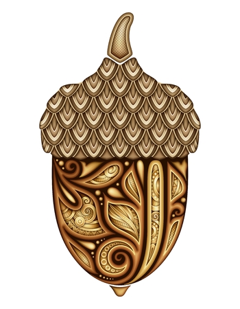 Colored Decorative Acorn. Fall Plant with Paisley Floral Ornament, Indian Motifs. Design Element for Print, Label, Logo, Packaging Template. Vector 3d Realistic Illustration. Abstract Ornate Artのイラスト素材