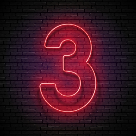 Vintage Glow Signboard with Number Three, Design Element. Shiny Neon Light. Template for Banner, Poster,  Emblem, Symbol. Seamless Brick Wall. Vector 3d Illustration. Clipping Mask, Editableのイラスト素材