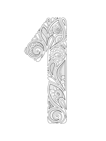 Monochrome Decorative Number One, Doodle Design Element. Indian, Turkish, Paisley Garden Ethnic Style. Template for Banner, Posterのイラスト素材
