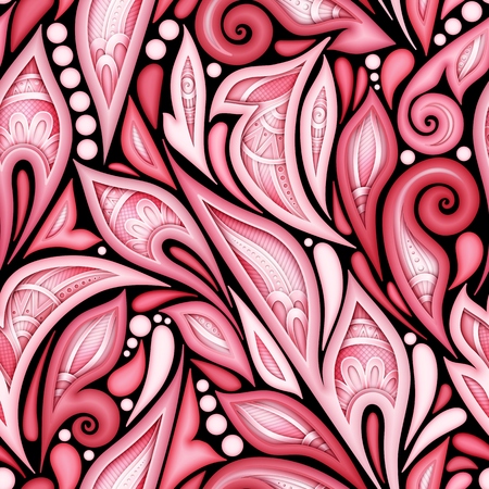 Colored Seamless Pattern with Floral Ethnic Motifs. Endless Texture with Abstract Design Elements. Indian, Turkish, Batik, Paisley Garden Style. Realistic Complex Ornament. Vector 3d Illustrationのイラスト素材