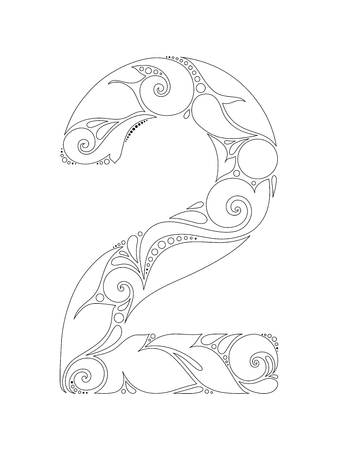 Monochrome Decorative Number Two, Doodle Design Element. Indian, Turkish, Paisley Ethnic Style. Template for Banner, Posterのイラスト素材