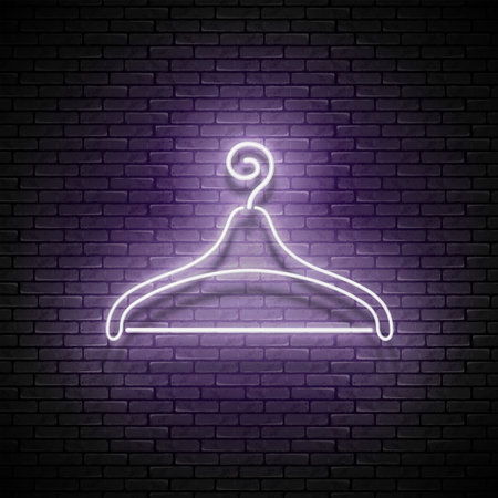 Vintage Glow Signboard with Hanger, Shopping Concept. Atelier, Checkroom, Tailor, Dressmaker, Boutique. Shiny Neon Light Poster, Flyer, Banner, Business Card. Vector 3d Illustration. Clipping Maskのイラスト素材