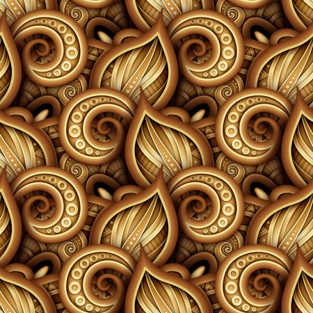 Colored Seamless Pattern with Floral Motifs. Endless Texture with Leaves and Swirls. Natural Background in Doodle Style. Realistic Glossy Ornament. Vector 3d Illustration. Abstract Ornate Artのイラスト素材