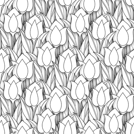 Monochrome Seamless Pattern with Tulips, Floral Motifs. Endless Texture with Flowers, Leaves and Swirls. Batik, Paisley Garden Style. Coloring Book Page. Vector 3d Contour Illustration. Abstract Artのイラスト素材