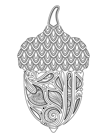 Monochrome Decorative Acorn. Fall Plant with Paisley Floral Ornament, Indian Motifs. Design Element for Print, Label,   Packaging Template. Coloring Book Page. Vector 3d Contour Illustrationのイラスト素材