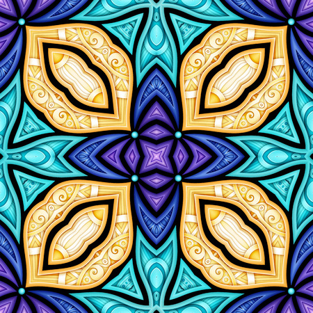 Colored Seamless Pattern with Floral Ethnic Motifs. Endless Texture with Abstract Design Elements. Indian, Turkish, Batik, Paisley Garden Style. Realistic Complex Ornament. Vector 3d Illustrationのイラスト素材