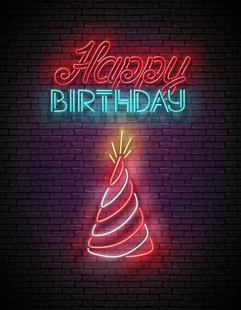 Vintage Glow Greeting Card with Holiday Hat and Happy Birthday Inscription. Neon Lettering. Shiny Poster, Banner, Invitation. Seamless Brick Wall. Vector 3d Illustration. Clipping Mask, Editableのイラスト素材