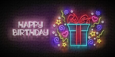 Vintage Glow Greeting Card with Gift, Confetti and Happy Birthday Inscription. Neon Lettering. Shiny Poster, Banner, Invitation. Seamless Brick Wall. Vector 3d Illustration. Clipping Mask, Editableのイラスト素材