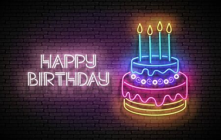 Glow Greeting Card with Cake, Candles and Happy Birthday Inscription. Neon Lettering. Shiny Poster, Banner, Invitation. Seamless Brick Wall. Vector 3d Illustration. Clipping Mask, Editableのイラスト素材