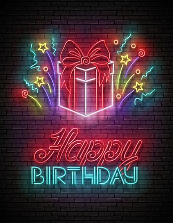 Vintage Glow Greeting Card with Gift, Confetti and Happy Birthday Inscription. Neon Lettering. Shiny Poster, Banner, Invitation. Seamless Brick Wall. Vector 3d Illustration. Clipping Mask, Editableのイラスト素材