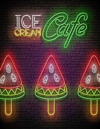 Vintage Glow Poster with Ice Cream, Watermelon Piece and Inscription. Frozen Fruit, Sorbet. Template for Flyer, Banner, Invitation. Brick Wall. Vector 3d Illustration. Clipping Maskのイラスト素材