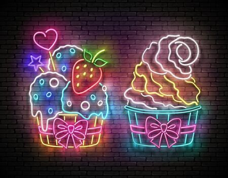 Set of Vintage Glow Signboards with Ice Cream in Paper Cups. Cafe Flyer Template. Neon Light Poster, Banner, Invitation. Brick Wall. Vector 3d Illustration. Clipping Mask, Editableのイラスト素材